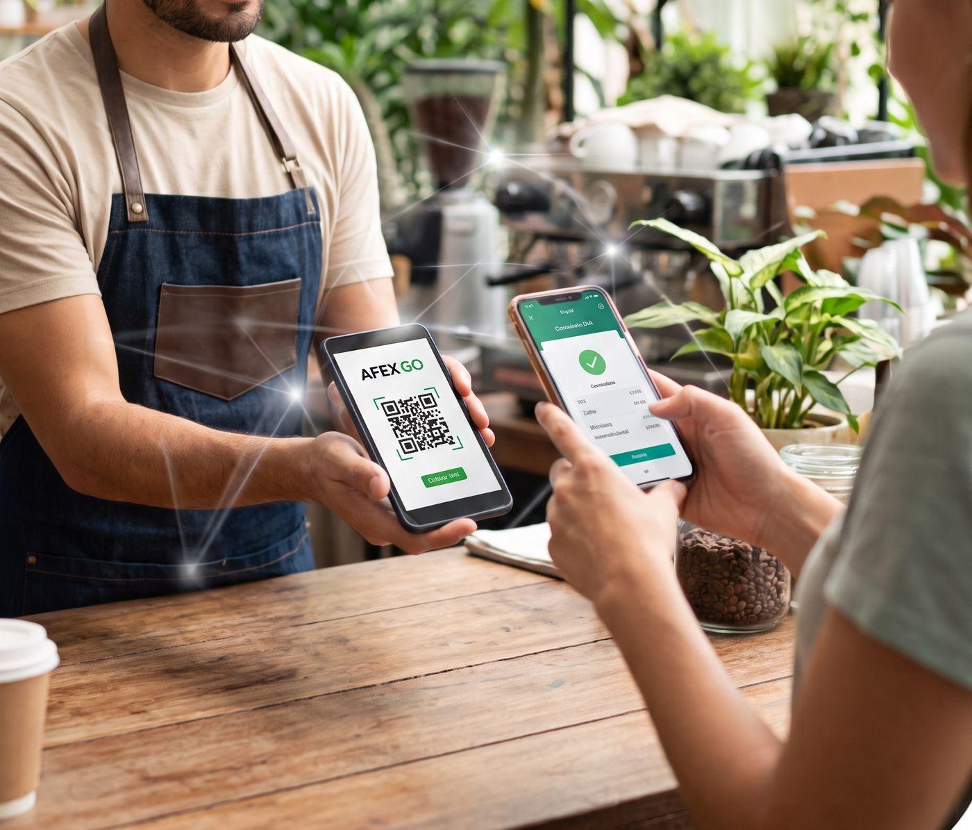 Barista muestra un código QR de AFEX GO en su celular y una clienta lo escanea con el suyo